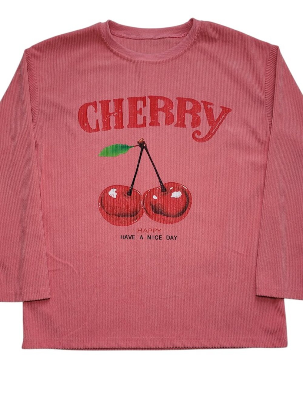 SHEIN Cherry Graphic Long Sleeve Corduroy Top Pink Pullover Drop Shoulder Small - Picture 3 of 8